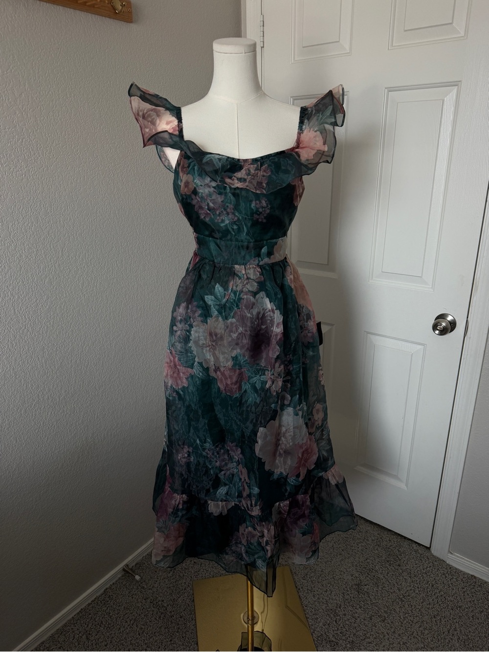 Lulu's Teal Floral Midi Dress with Pink and Cream Blooms - Picture 2 of 5